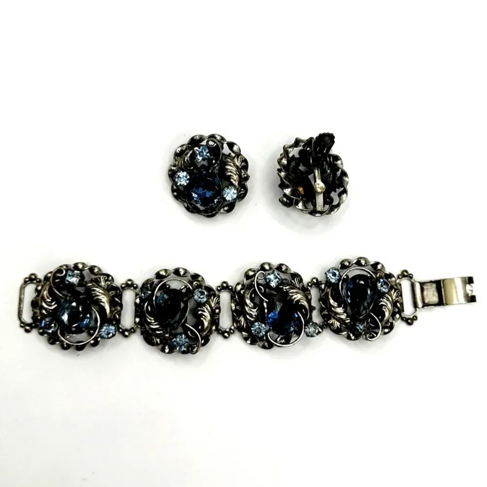 Vintage chunky silver & blue rhinestone ornate mid century bracelet & earrings